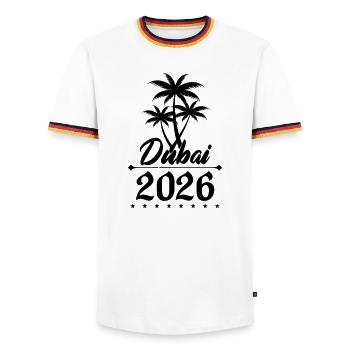 dubai 2026 - Männer Kontrast-T-Shirt - Weiß/Dreifarbig - Vorne - AI Model Female 172 light (172cm) & AI Model Male 185 light (185cm)