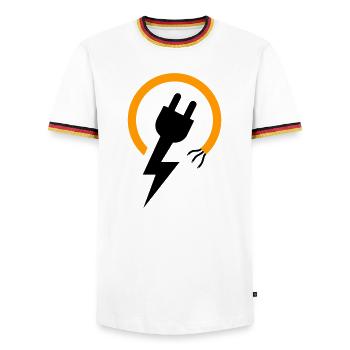 Electrician logo with lightning bolt and plug - Men's Ringer Shirt - white/tricolour - Front - AI Model Female 172 light (172cm) & AI Model Male 185 light (185cm)