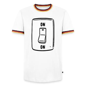 Switch ON Cool Humor Funny Motivation - Men's Ringer Shirt - white/tricolour - Front - AI Model Female 172 light (172cm) & AI Model Male 185 light (185cm)