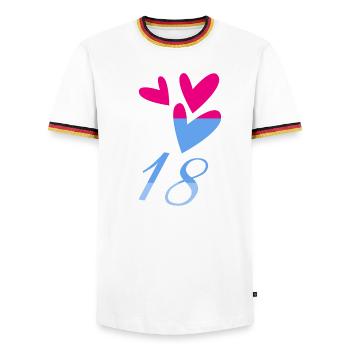18. 18 JAHRE ALT. 18-jähriges JUBILÄUM. GEBURTSTAG 18 JAHRE. - Männer Kontrast-T-Shirt - Weiß/Dreifarbig - Vorne - AI Model Female 172 light (172cm) & AI Model Male 185 light (185cm)