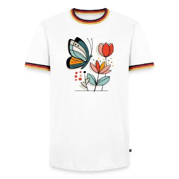 Papillons qui s’envolent vers les fleurs - T-shirt contrasté Homme - blanc/tricolore - Devant - AI Model Female 172 light (172cm) & AI Model Male 185 light (185cm)
