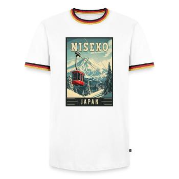 Winter Paradise in Niseko Japan Vintage Travel Art - Men's Ringer Shirt - white/tricolour - Front - AI Model Female 172 light (172cm) & AI Model Male 185 light (185cm)
