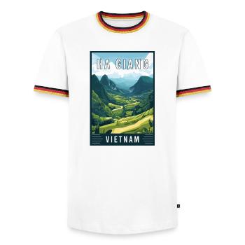 Discover Majestic Landscapes of Ha Giang Vietnam - Men's Ringer Shirt - white/tricolour - Front - AI Model Female 172 light (172cm) & AI Model Male 185 light (185cm)