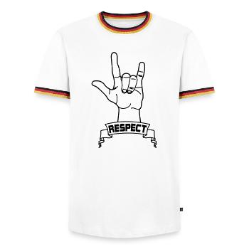 Hand gesture respect with text RESPECT - Men's Ringer Shirt - white/tricolour - Front - AI Model Female 172 light (172cm) & AI Model Male 185 light (185cm)