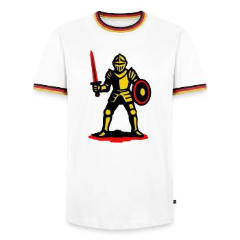 Gelber Ritter mit rotem Schwert - Männer Kontrast-T-Shirt - Weiß/Dreifarbig - Vorne - AI Model Female 172 light (172cm) & AI Model Male 185 light (185cm)