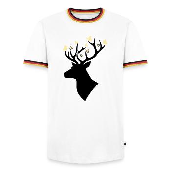 Deer Head Butterfly Yellow - Men's Ringer Shirt - white/tricolour - Front - AI Model Female 172 light (172cm) & AI Model Male 185 light (185cm)