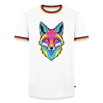Buntes Wolfporträt mit geometrischem Stil - Männer Kontrast-T-Shirt - Weiß/Dreifarbig - Vorne - AI Model Female 172 light (172cm) & AI Model Male 185 light (185cm)