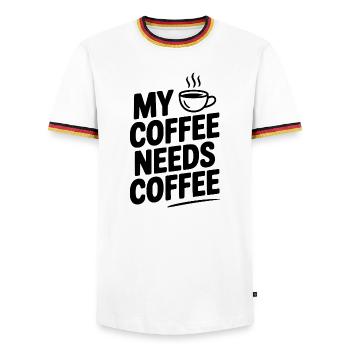 My Coffee Needs Coffee - Men's Ringer Shirt - white/tricolour - Front - AI Model Female 172 light (172cm) & AI Model Male 185 light (185cm)