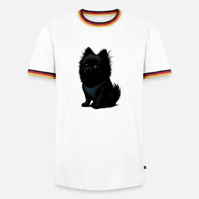 Schwarzer Spitz Hund mit blauer Weste - Männer Kontrast-T-Shirt - Weiß/Dreifarbig