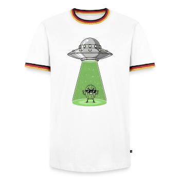 Cactus Alien in UFO Light - Men's Ringer Shirt - white/tricolour - Front - AI Model Female 172 light (172cm) & AI Model Male 185 light (185cm)