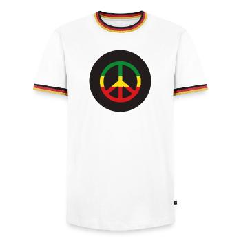 Reggae peace sign in the colors of Ethiopia - Men's Ringer Shirt - white/tricolour - Front - AI Model Female 172 light (172cm) & AI Model Male 185 light (185cm)