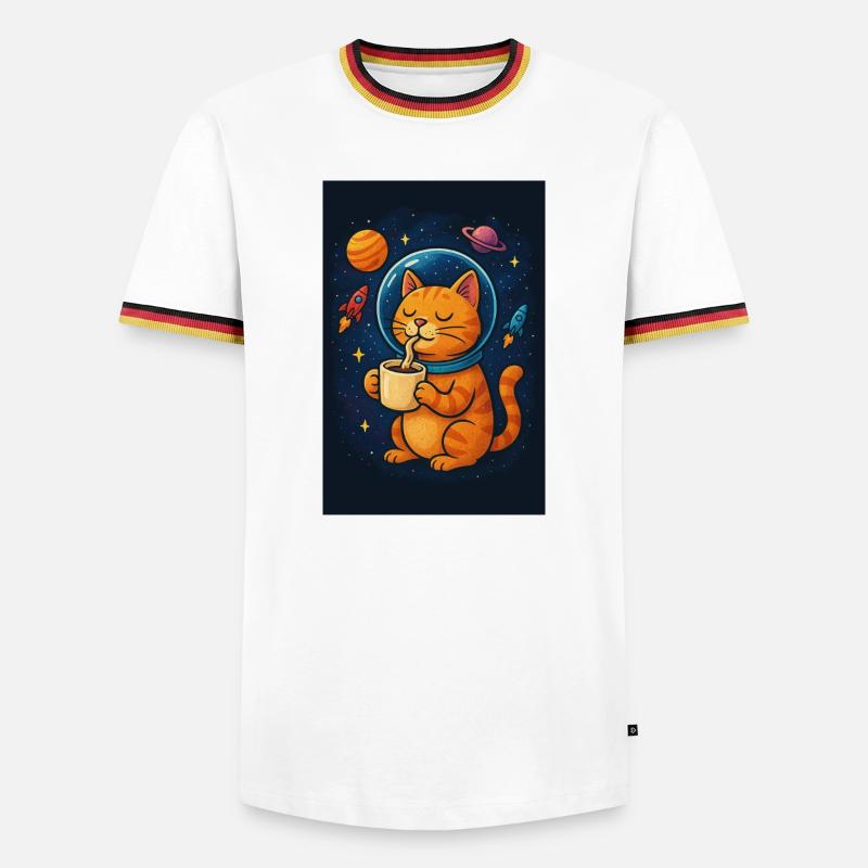 Cat in spacesuit drinking coffee - Men's Ringer Shirt - white/tricolour