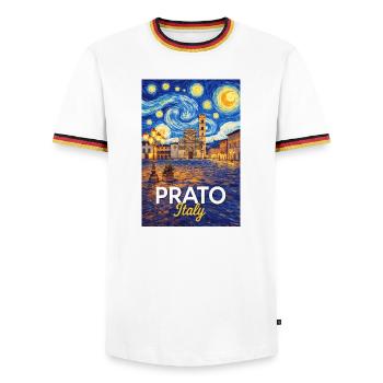 Prato, Italy. - Men's Ringer Shirt - white/tricolour - Front - AI Model Female 172 light (172cm) & AI Model Male 185 light (185cm)