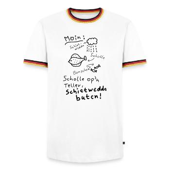 Typisch Norddeutsch Nordisch Platt Moin  - Männer Kontrast-T-Shirt - Weiß/Dreifarbig - Vorne - AI Model Female 172 light (172cm) & AI Model Male 185 light (185cm)