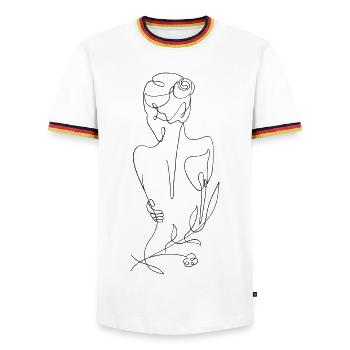 Woman T-shirt motif, print design - Men's Ringer Shirt - white/tricolour - Front - AI Model Female 172 light (172cm) & AI Model Male 185 light (185cm)