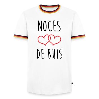 Noces de Buis 56 years of marriage - Men's Ringer Shirt - white/tricolour - Front - AI Model Female 172 light (172cm) & AI Model Male 185 light (185cm)