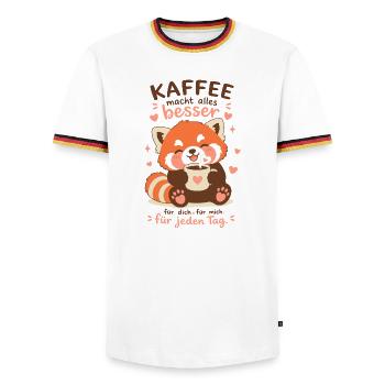 Roter Panda mit Kaffee - Männer Kontrast-T-Shirt - Weiß/Dreifarbig - Vorne - AI Model Female 172 light (172cm) & AI Model Male 185 light (185cm)