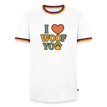 I Love WOOF Pfotenherz Design - Männer Kontrast-T-Shirt - Weiß/Dreifarbig - Vorne - AI Model Female 172 light (172cm) & AI Model Male 185 light (185cm)