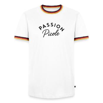 Passion picole – Design typographique humoristique - T-shirt contrasté Homme - blanc/tricolore - Devant - AI Model Female 172 light (172cm) & AI Model Male 185 light (185cm)