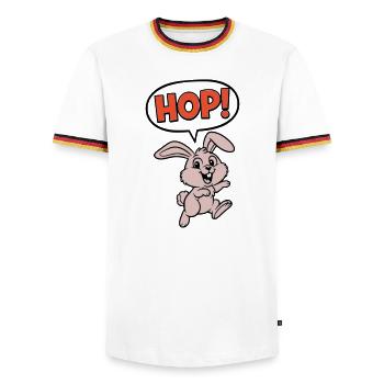 HOP ! Vecteur d’action comique Bunny Jumping - T-shirt contrasté Homme - blanc/tricolore - Devant - AI Model Female 172 light (172cm) & AI Model Male 185 light (185cm)
