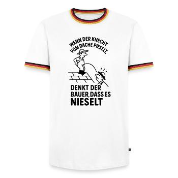 Fermier domestique, serviteur sur le toit, urine, drôle de phrase - T-shirt contrasté Homme - blanc/tricolore - Devant - AI Model Female 172 light (172cm) & AI Model Male 185 light (185cm)