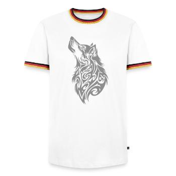 Nordic Wolf Tribal Tattoo - Men's Ringer Shirt - white/tricolour - Front - AI Model Female 172 light (172cm) & AI Model Male 185 light (185cm)