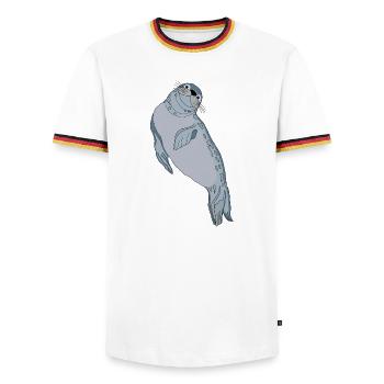 Sceau d’étanchéité - T-shirt contrasté Homme - blanc/tricolore - Devant - AI Model Female 172 light (172cm) & AI Model Male 185 light (185cm)