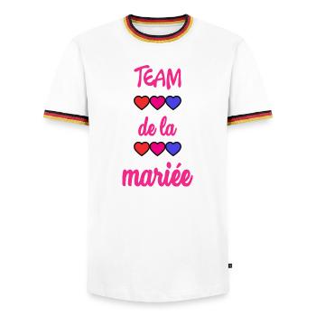 Bachelorette party. WEDDING. TEAM. TEAM MARIEE. BRIDE-TO-BE - Men's Ringer Shirt - white/tricolour - Front - AI Model Female 172 light (172cm) & AI Model Male 185 light (185cm)
