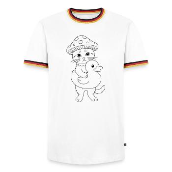 Pilzkatze mit Ente - Männer Kontrast-T-Shirt - Weiß/Dreifarbig - Vorne - AI Model Female 172 light (172cm) & AI Model Male 185 light (185cm)