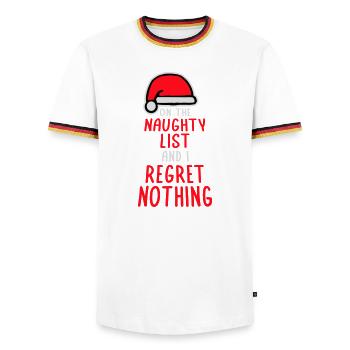On the naughty list and regret nothing XMas Spruch - Men's Ringer Shirt - white/tricolour - Front - AI Model Female 172 light (172cm) & AI Model Male 185 light (185cm)