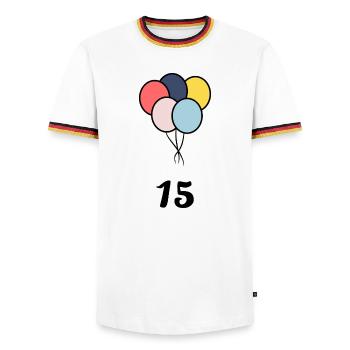 15. 15 YEARS. 15th ANNIVERSARY. 15 YEAR ANNIVERSARY. - Men's Ringer Shirt - white/tricolour - Front - AI Model Female 172 light (172cm) & AI Model Male 185 light (185cm)
