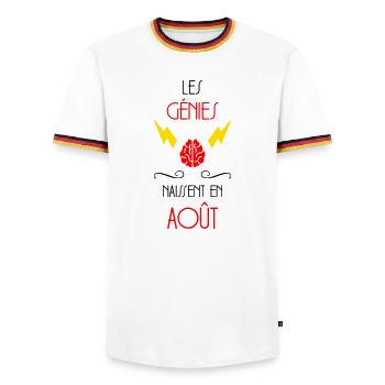 Les Génies Naissent en Août Humour Anniversaire - T-shirt contrasté Homme - blanc/tricolore - Devant - AI Model Female 172 light (172cm) & AI Model Male 185 light (185cm)