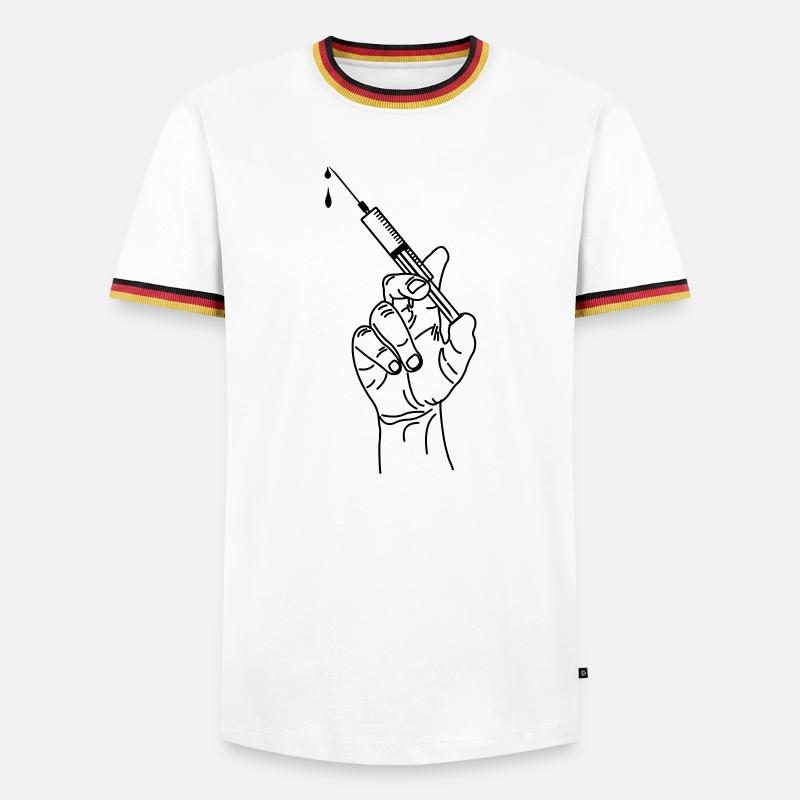 Impfspritze in der Hand - Männer Kontrast-T-Shirt - Weiß/Dreifarbig
