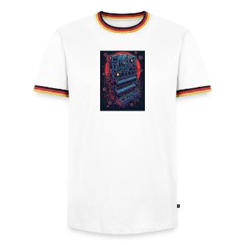 Futuristisches elektronisches Musikgerät - Männer Kontrast-T-Shirt - Weiß/Dreifarbig - Vorne - AI Model Female 172 light (172cm) & AI Model Male 185 light (185cm)