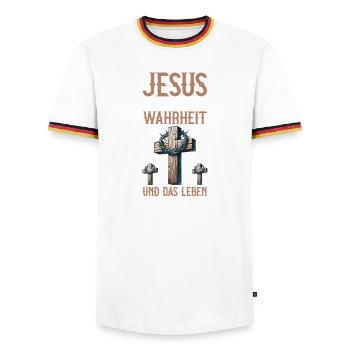Jésus, la voie, la vérité et la vie - T-shirt contrasté Homme - blanc/tricolore - Devant - AI Model Female 172 light (172cm) & AI Model Male 185 light (185cm)