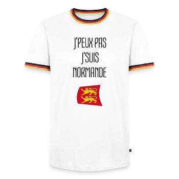 Humour Normandie J'peux pas j'suis Normande - T-shirt contrasté Homme - blanc/tricolore - Devant - AI Model Female 172 light (172cm) & AI Model Male 185 light (185cm)