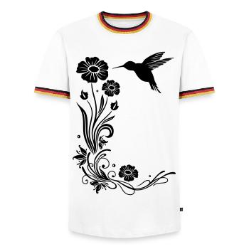 Floral motif with flowers and hummingbird. - Men's Ringer Shirt - white/tricolour - Front - AI Model Female 172 light (172cm) & AI Model Male 185 light (185cm)