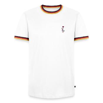 Gans mit Herzluftballon bestickt - Männer Kontrast-T-Shirt - Weiß/Dreifarbig - Vorne - AI Model Female 172 light (172cm) & AI Model Male 185 light (185cm)
