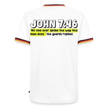 John 7:46 | Bible Quote - Men's Ringer Shirt - white/tricolour - Back - AI Model Male 185 light (185cm)