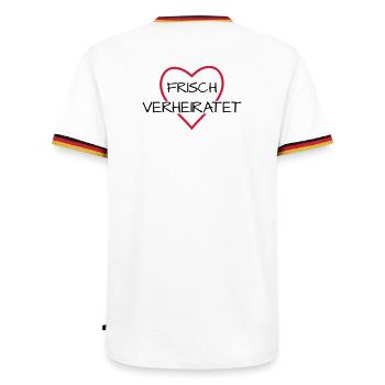 Frisch verheiratet Herz Hochzeit Hochzeitsreise - Männer Kontrast-T-Shirt - Weiß/Dreifarbig - Hinten - AI Model Male 185 light (185cm)