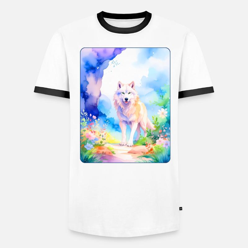 White wolf surrounded by flowers Men's Ringer Shirt