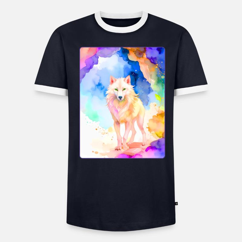 Weißer Wolf vor bunter Höhle Männer Kontrast-T-Shirt
