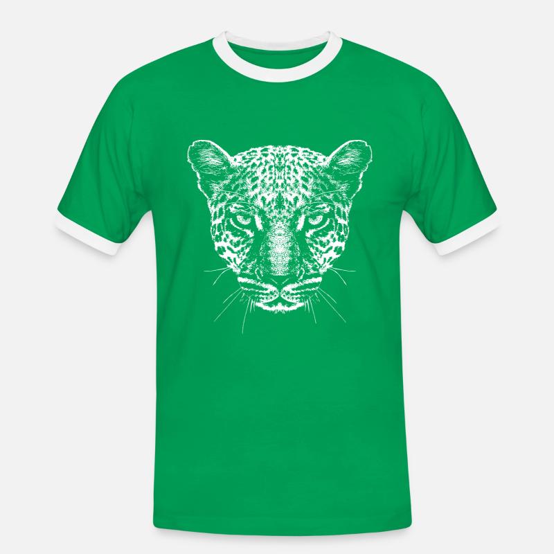 Leopard / Head / Graphic / White - Men's Ringer Shirt - kelly green/white