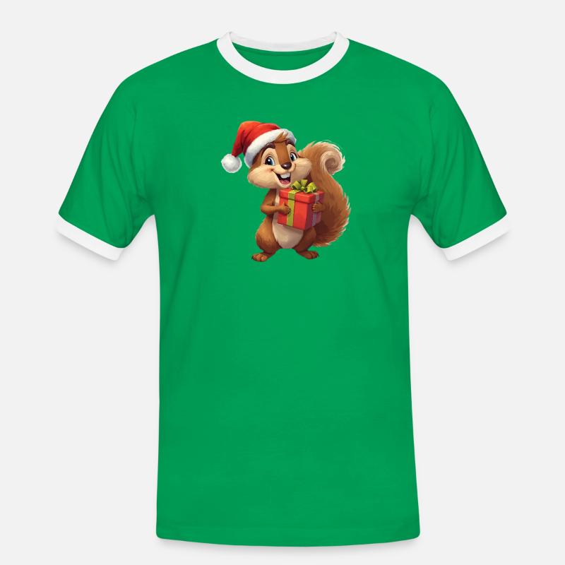 Weihnachts-Eichhörnchen mit Geschenk - Männer Kontrast-T-Shirt - Kelly Green/Weiß
