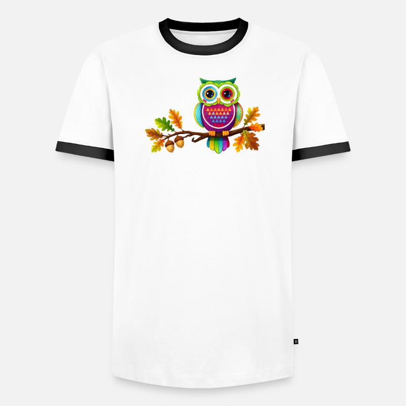 Bunte Eule auf Ast mit Herbstblättern Männer Kontrast-T-Shirt