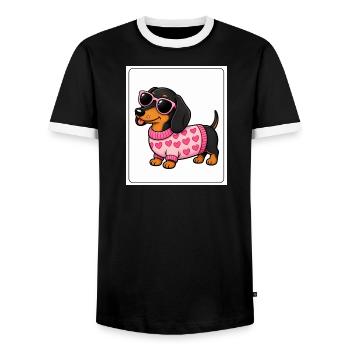 Dachshund Hearts Pink Glasses - Men's Ringer Shirt - black/white - Front - AI Model Female 172 light (172cm) & AI Model Male 178 light (178cm)
