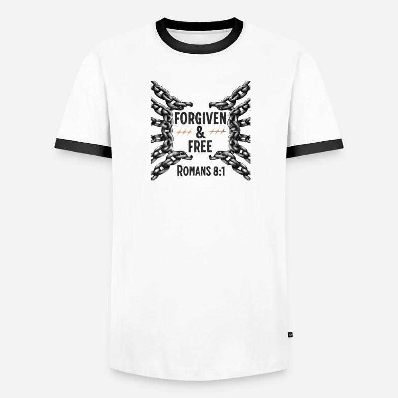 Forgiven and Free Romans 8:1 Broken Chains Men's Ringer Shirt