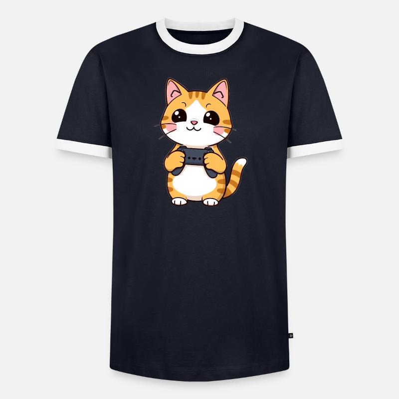 Gaming Katze mit Controller Männer Kontrast-T-Shirt