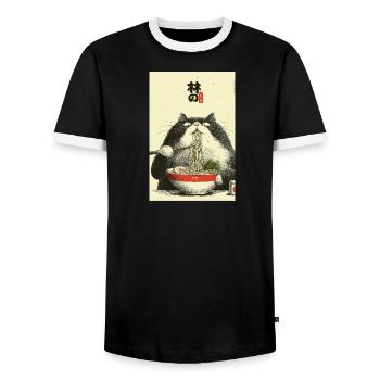 Ramen Cat Ukiyoe Style - Men's Ringer Shirt - black/white - Front - AI Model Female 172 light (172cm) & AI Model Male 178 light (178cm)