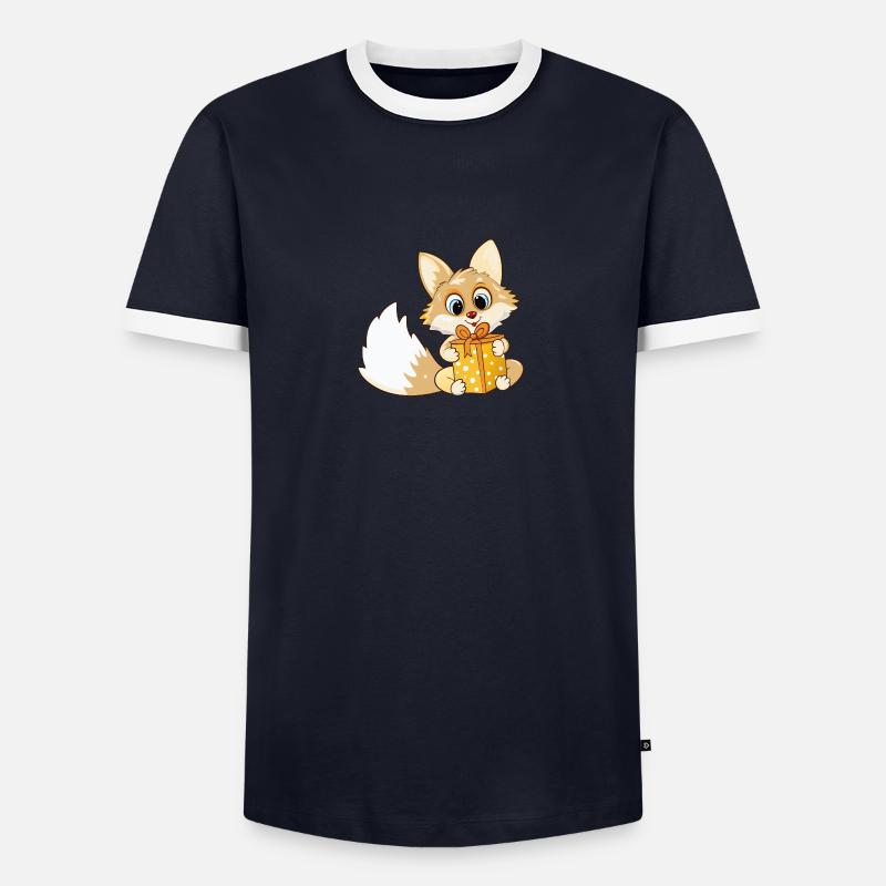 Niedlicher Fuchs packt Geschenk aus Männer Kontrast-T-Shirt